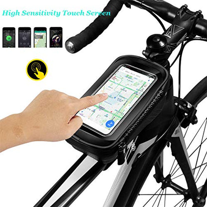 WILD MAN Bike Phone Mount Bag, Cycling Waterproof Front Frame Top Tube Handlebar Bag with Touch Screen Holder Case for iPhone X XS Max XR 8 7 Plus, for Android/iPhone Cellphones Under 6.5”