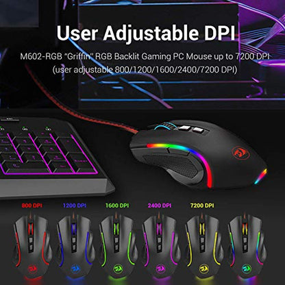 Redragon M602 RGB Wired Gaming Mouse RGB Spectrum Backlit Ergonomic Mouse Griffin Programmable with 7 Backlight Modes up to 7200 DPI for Windows PC Gamers (Black)