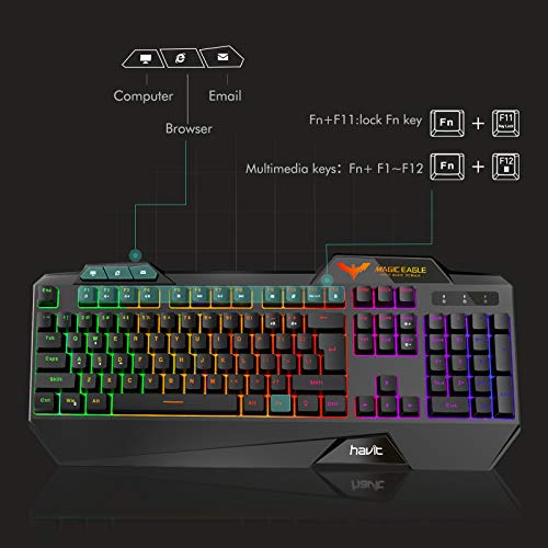 Havit Wired Gaming Keyboard Mouse Combo LED Rainbow Backlit Gaming Keyboard RGB Gaming Mouse Ergonomic Wrist Rest 104 Keys Keyboard Mouse 4800 DPI for Windows & Mac PC Gamers (Black)