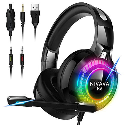 Nivava Gaming Headset for PS4, Xbox One, PC Headphones with Microphone LED Light Mic for Nintendo Switch PS5 Playstation Computer, K6(Black)