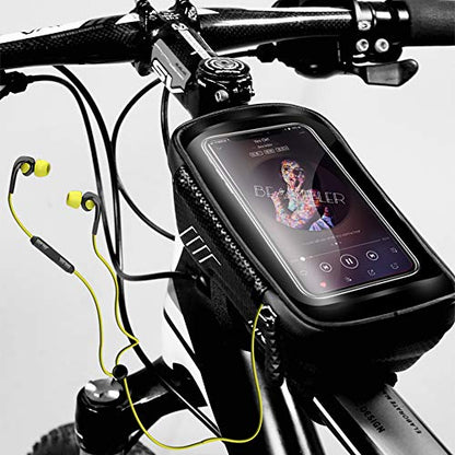 WILD MAN Bike Phone Mount Bag, Cycling Waterproof Front Frame Top Tube Handlebar Bag with Touch Screen Holder Case for iPhone X XS Max XR 8 7 Plus, for Android/iPhone Cellphones Under 6.5”