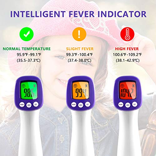 Infrared Forehead Thermometer for Adults, Non Contact Touchless Digital Temporal Thermometers for Baby Kids with Fever Alarm, LCD Screen and Temperature Data Memory (NO Battery Included)