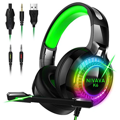 Nivava Gaming Headset for PS4, Xbox One, PC Headphones with Microphone LED Light Mic for Nintendo Switch PS5 Playstation Computer, K6(Green)