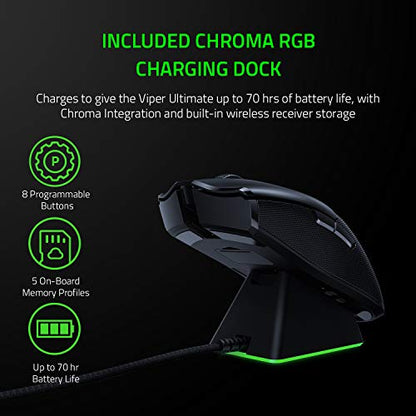 Razer Viper Ultimate Hyperspeed Lightest Wireless Gaming Mouse & RGB Charging Dock: Fastest Gaming Mouse Switch - 20K DPI Optical Sensor - Chroma Lighting - 8 Programmable Buttons - 70 Hr Battery