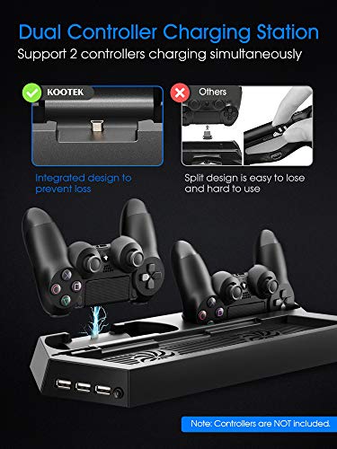 Kootek Vertical Stand with Cooling Fan for PS4 Slim / Regular PlayStation 4, Controllers Charging Station with Dual Charger Ports and USB HUB for Console Dualshock 4 Controller ( Not for PS4 Pro )