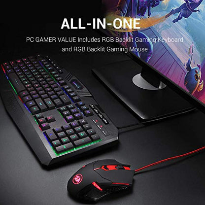 Redragon S101 Wired Gaming Keyboard and Mouse Combo RGB Backlit Gaming Keyboard with Multimedia Keys Wrist Rest and Red Backlit Gaming Mouse 3200 DPI for Windows PC Gamers (Black)