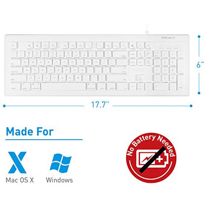 Macally Full Size USB Wired Keyboard (MKEYE) for Mac and PC (White) w/ Shortcut Hot Keys