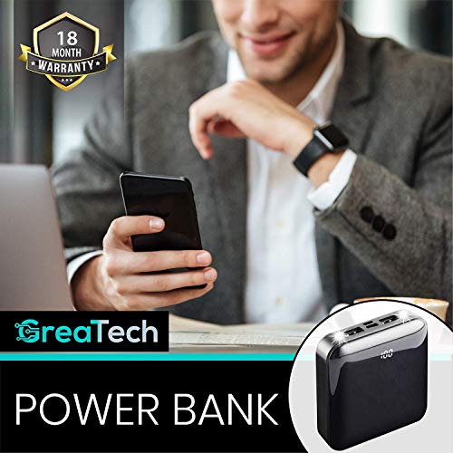 Premium Mini Power Bank Small Portable Charger 10000mAh, GreaTech Smallest & Lightest Ultra-Compact Battery Pack, LCD Display High-Speed Charging Dual USB & Flashlight for iPhone, Samsung & More…