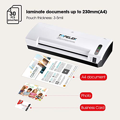 Laminator Machine, TOPELEK 5-in-1 A4 Thermal Laminator Machine with 30 Laminating Pouches, Paper Trimmer, Corner Rounder, Photo Clip Kit, Hot & Cold Laminating Machine for Home Office School