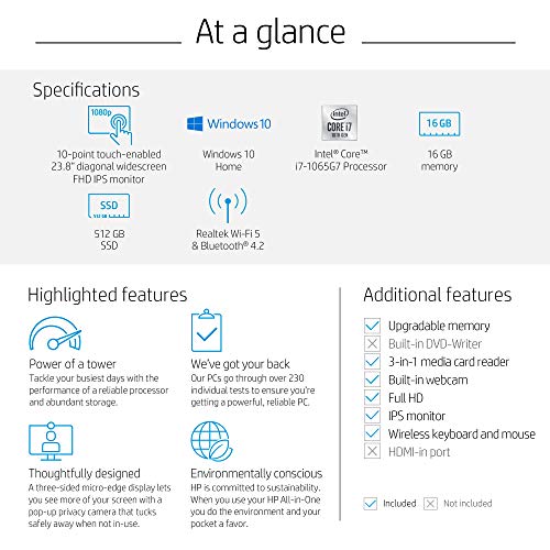 HP 24-inch All-in-One Touchscreen Desktop Computer, Intel Core i7-1065G7 Processor, 16 GB RAM, 512 GB SSD, Windows 10 Home (24-dp0180, Silver)