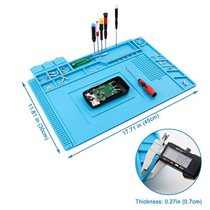 Spurtar Heat Insulation Silicone Repair Mat Anti-Static Station 500℃ Heat-Resistant Magnetic Repair Silicone Work Pad for Soldering Brazing Iron Phone Watch Computer - Blue 17.7 x 11.8 Inch