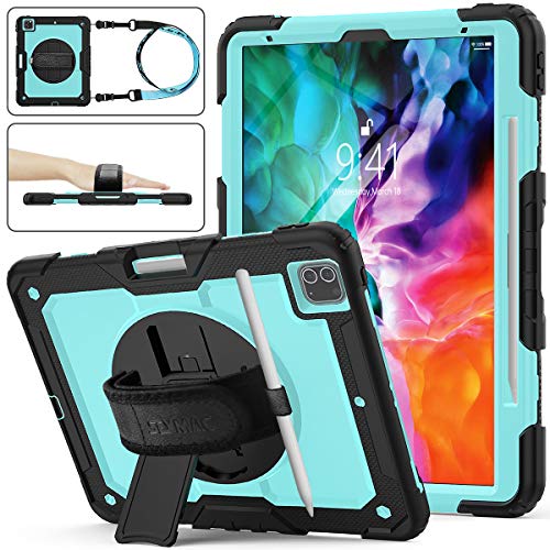SEYMAC stock Case for iPad Pro 12.9 2020, Protection Case with 360 Degrees Rotating Stand [Pencil Holder] [Screen Protector] Hand Strap for iPad Pro 12.9 2020 (SkyBlue+Black)