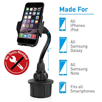 Macally Car Cup Holder Phone Mount - Secure Fit for Phones up to 4.1” Wide - Cup Phone Holder for Car with Flexible Gooseneck & 360° Rotatable Cradle - Universal Vehicle Fitment Cell Phone Cup Holder