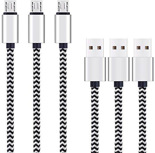 Micro USB Cable 10ft 3Pack by Ailun High Speed 2.0 USB A Male to Micro USB Sync Charging Nylon Braided Cable for Android Phone Charger Cable Tablets Wall and Car Charger Connection Silver&Blackwhite