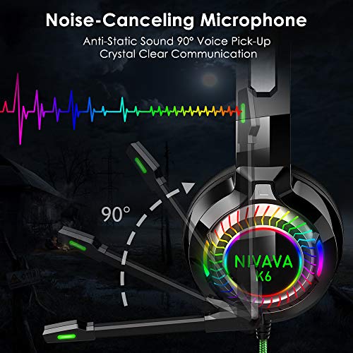 Nivava Gaming Headset for PS4, Xbox One, PC Headphones with Microphone LED Light Mic for Nintendo Switch PS5 Playstation Computer, K6(Green)