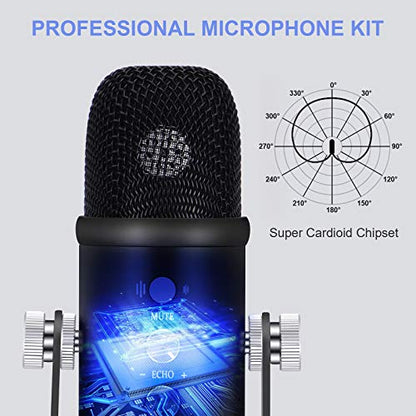 Gaming Microphone, Professional USB Condenser Microphone kit for Mac/PC/Smartphone, Low Noise Microphone with Mute Key for YouTube, Recording, Podcast, Streaming, Metal Mic with Upgraded Stand