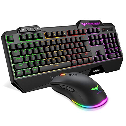 Havit Wired Gaming Keyboard Mouse Combo LED Rainbow Backlit Gaming Keyboard RGB Gaming Mouse Ergonomic Wrist Rest 104 Keys Keyboard Mouse 4800 DPI for Windows & Mac PC Gamers (Black)
