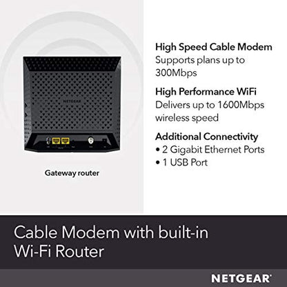 NETGEAR Cable Modem Wi-Fi Router Combo C6250 - Compatible with All Cable Providers Including Xfinity by Comcast, Spectrum, Cox | for Cable Plans Up to 300 Mbps | AC1600 Wi-Fi Speed | DOCSIS 3.0