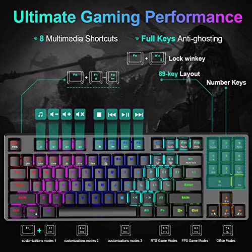 NPET K80 Mechanical Gaming Keyboard, Wired Backlit Keyboard with Red Switches, Customizable RGB Lighting, Wired Compact Ergonomic Keyboard with Number Keys for Desktop, Computer, PC (89 Keys, Black)