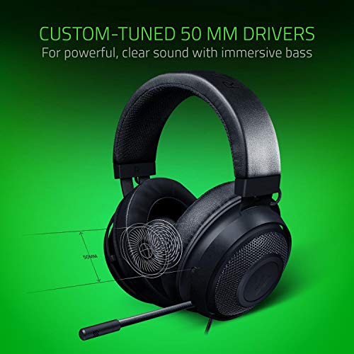 Razer Kraken Gaming Headset: Lightweight Aluminum Frame, Retractable Noise Isolating Microphone, For PC, PS4, PS5, Switch, Xbox One, Xbox Series X & S, Mobile, 3.5 mm Audio Jack, Black