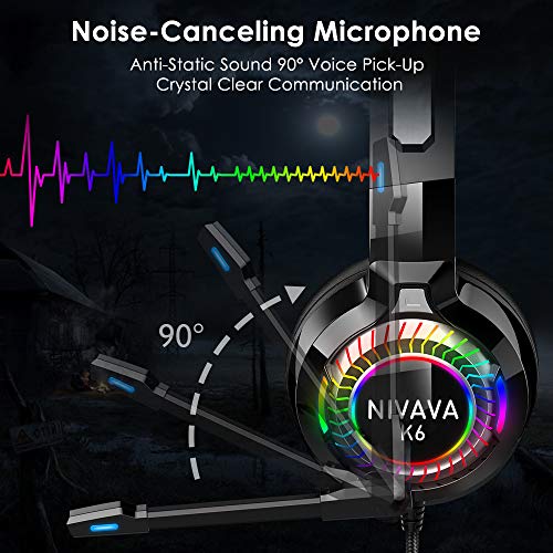 Nivava Gaming Headset for PS4, Xbox One, PC Headphones with Microphone LED Light Mic for Nintendo Switch PS5 Playstation Computer, K6(Black)