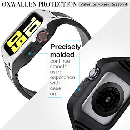 OXWALLEN Snap On Bumper for Apple Watch Case with Band 44mm 42mm, Ruggged Drop-proof Screen Protector Accessries Cover for iWatch Series 6/SE/3/4/5 Active Sport Women & Men - Black/White