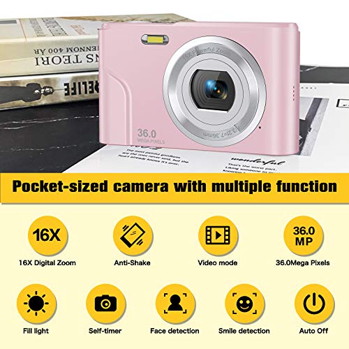 Digital Camera, Lecran FHD 1080P 36.0 Mega Pixels Vlogging Camera with 16X Digital Zoom, LCD Screen, Compact Portable Mini Cameras for Students, Teens, Kids (Pink)