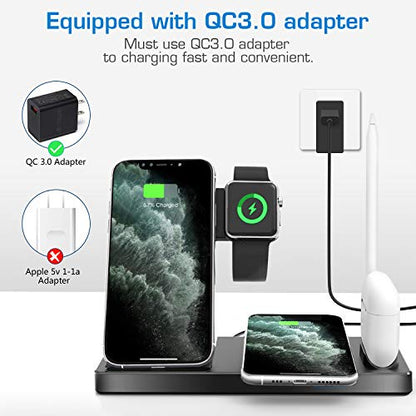 WAITIEE Updated Version,Wireless Charger 5 in 1,Qi Wireless Charging Station for iWatch 6/5/4/3/2/1& AirPods3/2/1 & Pencil & iPhone 12/11/11 Pro Max/XR/XS Max/Xs/X/8/8P Black(No iWatch Charging Cable)