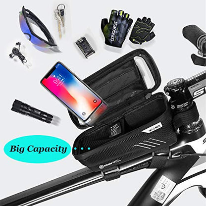 WILD MAN Bike Phone Mount Bag, Cycling Waterproof Front Frame Top Tube Handlebar Bag with Touch Screen Holder Case for iPhone X XS Max XR 8 7 Plus, for Android/iPhone Cellphones Under 6.5”