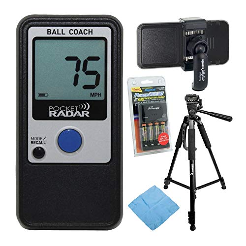 Pocket Radar Ball Coach/Pro-Level Speed Training Tool and Radar Gun with 57-Inch Tripod, Pocket-Sized Spring Tripod Mount, Battery Charger Pack and Cleaning Cloth Bundle (5 Items)