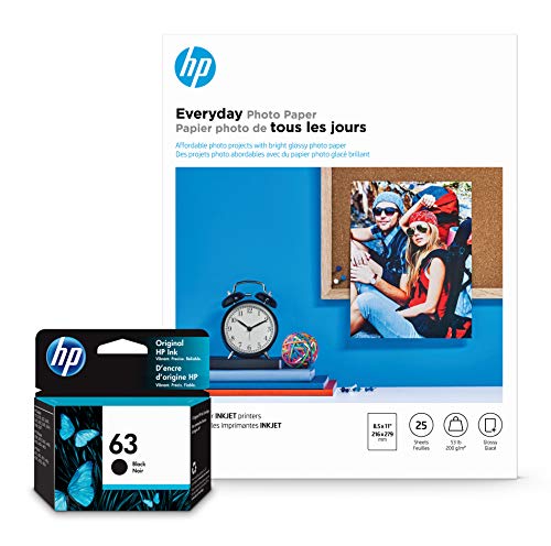 HP 63 Black Ink + HP Everyday Photo Paper, Glossy, 25 Sheets, 8.5x11