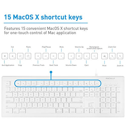 Macally Full Size USB Wired Keyboard (MKEYE) for Mac and PC (White) w/ Shortcut Hot Keys