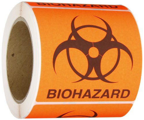 Roll Products 142-0010 Round Cornered Permanent Adhesive Biohazard Warning Label with Black Imprint, Legend "Biohazard" (with Logo), 4" Length x 4" Width, for Identifying and Marking, Fluorescent Red/Orange (Roll of 250)