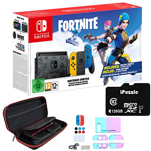Newest Nintendo Switch Fort nite Wildcat with Yellow and Blue Joy-Con - 6.2" Touchscreen LCD Display, 32GB Internal Storage, 802.11AC WiFi, Bluetooth 4.1- iPuzzle 128GB SD Card + 11-in-1 Carrying Case