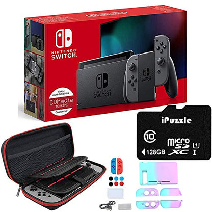 Newest Nintendo Switch with Gray Joy-Con - 6.2" Touchscreen LCD Display, 802.11AC WiFi, Bluetooth 4.1, 32GB of Internal Storage - Family Holiday Bundle - Gray - 128GB SD Card + 12-in-1 Carrying Case