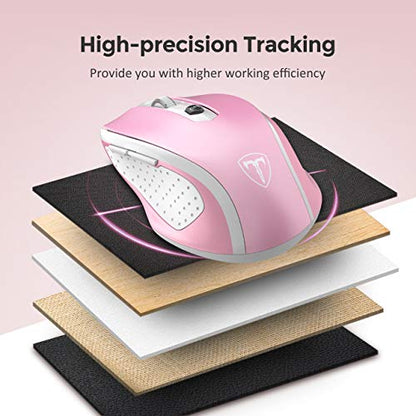 VicTsing Wireless Mouse, 2.4G 2400DPI Ergonomics Cordless Mouse with USB Receiver, Finger Rest, 5 Adjustable DPI Levels, Portable Mobile Optical Mice for Chromebook Notebook PC Laptop Computer, Pink