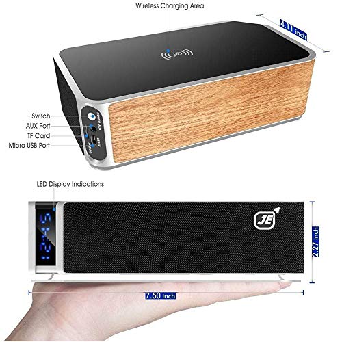 JE Make IT Simple Wireless Bluetooth V5.0 Speaker with Alarm Clock, FM Radio, Stereo Sound, Mic, TF Port, Qi Wireless Charger for iPhone, Galaxy series