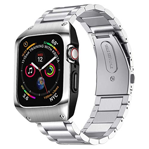 EloBeth Compatible with Apple Watch Band 44mm Series 4/5/6/SE with Case, Stainless Steel iWatch 44mm Bands with Protective Cover for Apple Watch SE & Apple Watch Series 6/5/4 44mm (Silver)