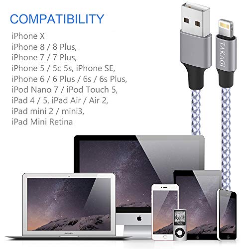 TAKAGI iPhone Charger, Lightning Cable 3Pack 6FT Nylon Braided Fast Charging High Speed Data Sync Transfer Cord Phone Power Connector Compatible with iPhone 11 Pro Max XS XR X 8 7 Plus 6S 6 5S iPad