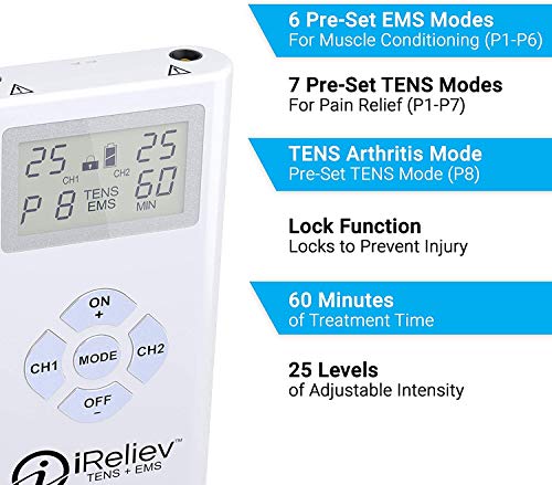 iReliev TENS + EMS Combination Unit Muscle Stimulator for Pain Relief & Arthritis & Muscle Strength - Treats Tired and Sore Muscles in Your Shoulders, Back, Ab's, Legs, Knee's and More