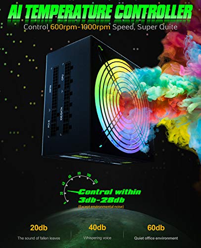 Power Supply, UtechSmart 850W Fully Modular 80 Plus Gold Certified PSU 850 PC Power Supply with 140mm Fan (Vairous Color Mode & RGB Lights Memory)
