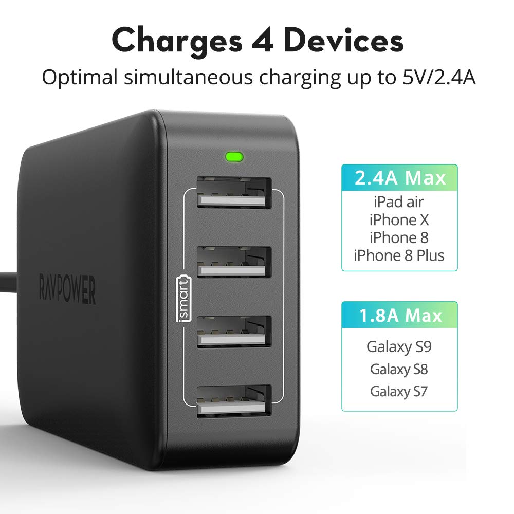 USB Charging Station, RAVPower 4-Port USB Charger 40W 8A Multi Charger, Compatible with iPhone 11 Pro Max XS Max XR X 8 7 Plus, iPad Pro Air Mini, Galaxy S9 S8 S7 S6 Edge, Tablet and More (Black)