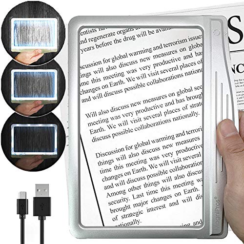 [Rechargeable] 3X Large Ultra Bright LED Page Magnifier with 12 Anti-Glare Dimmable LEDs(Evenly Lit Viewing Area & Relieve Eye Strain)-Ideal for Reading Small Prints & Low Vision Seniors