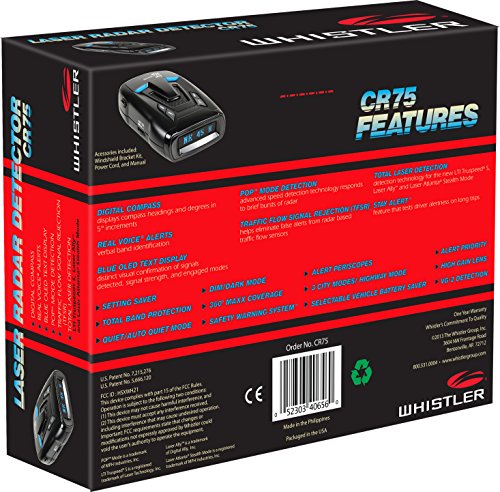 Whistler CR75 Laser Radar Detector: 360 Degree Protection, Voice Alerts, and Digital Compass,Black