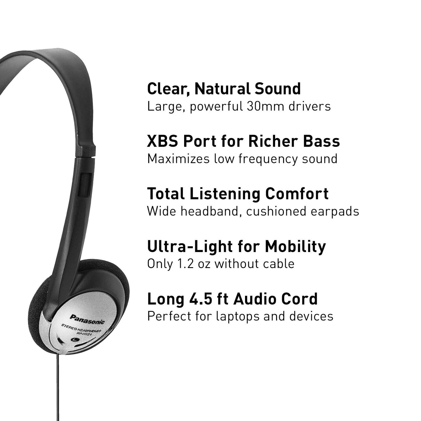 Panasonic Headphones On-Ear Lightweight with XBS RP-HT21 (Black & Silver)